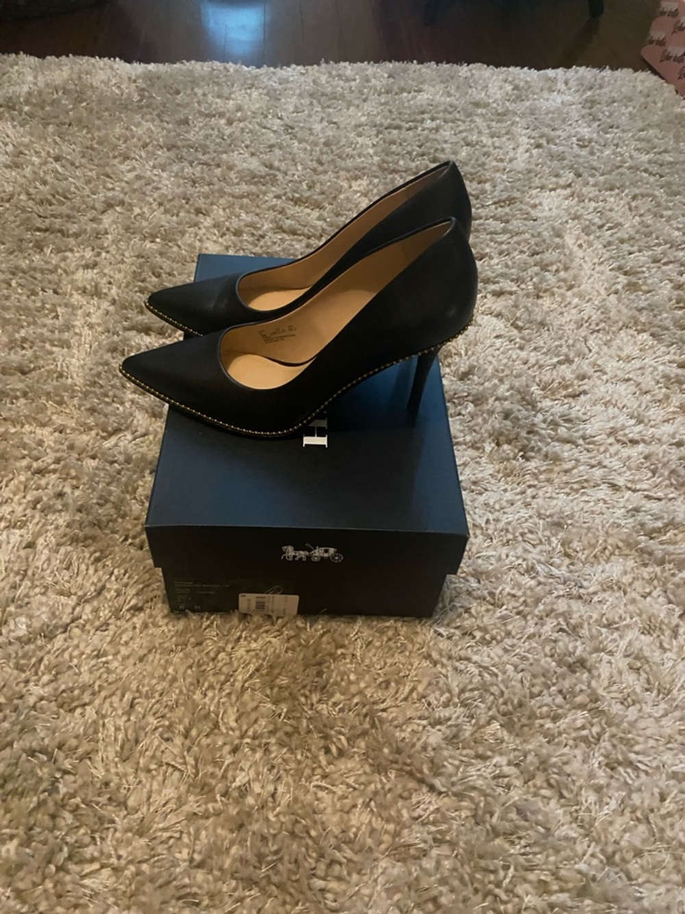 Coach Waverly 85 BChain Black Pointed Toe Leather Heels with Gold Stud Trim - Picture 6 of 10